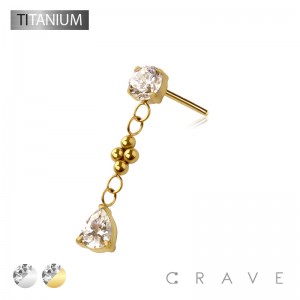 IMPLANT GRADE TITANIUM THREADLESS PUSH IN ROUND CZ TEAR DROP BEAD CHAIN TOP PART ONLY